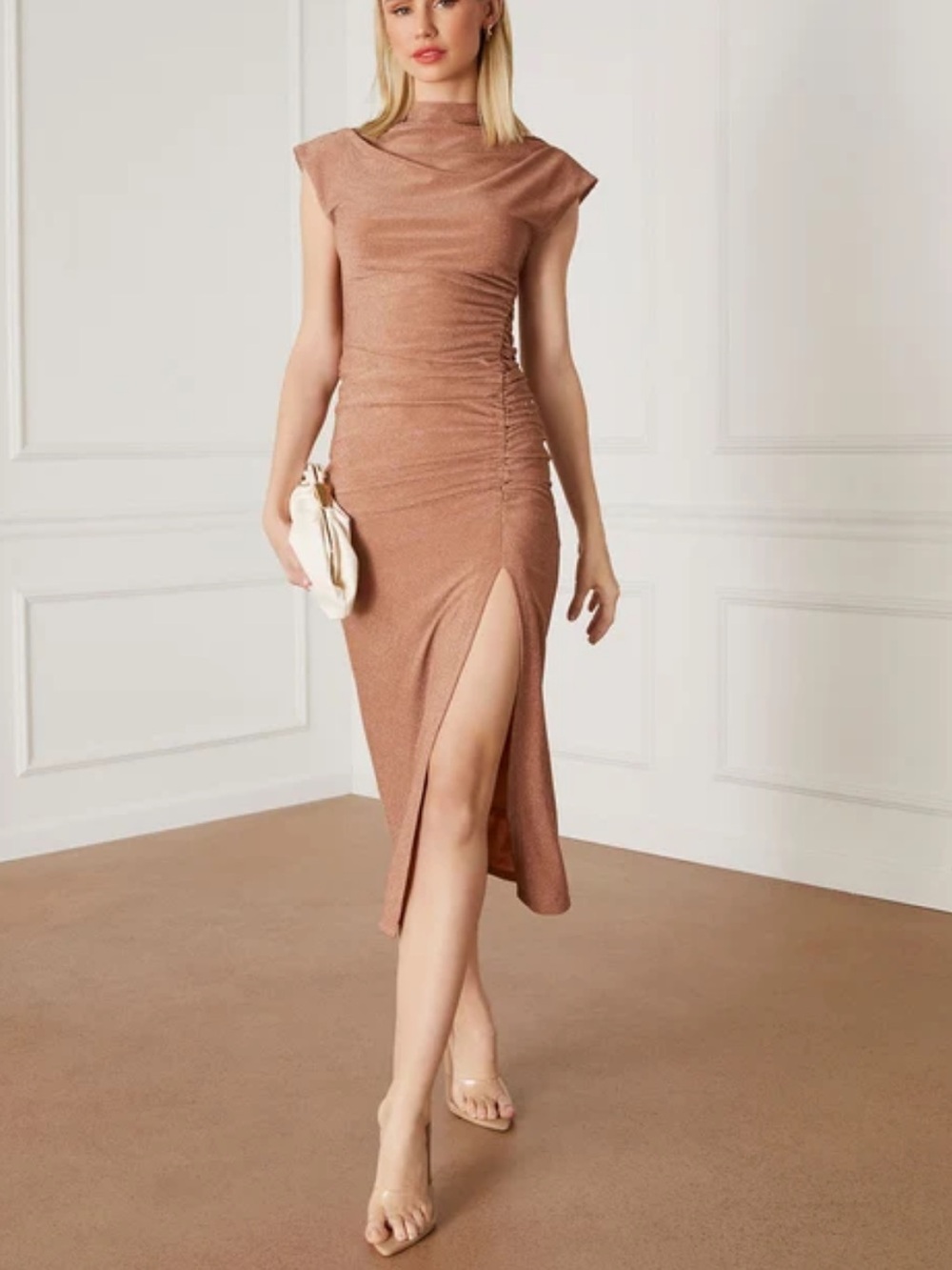 Metallic mock neck mocha Ruched Midi Dress size M